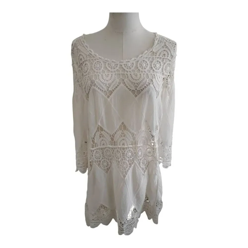 White Lace & Crochet Boho Blouse Size Small